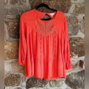 Adiva Boho Top Size M Coral Orange Long Sleeve Round Neck Blouse